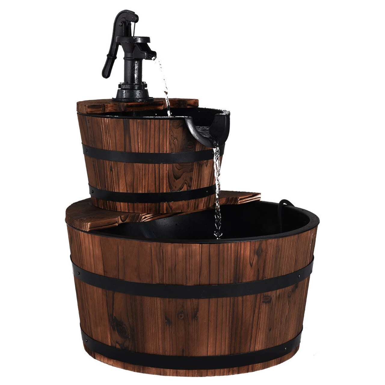 Brown Wood Water Pump Fountain Fir Wood Powder-Coated Iron Indoor Outdoor